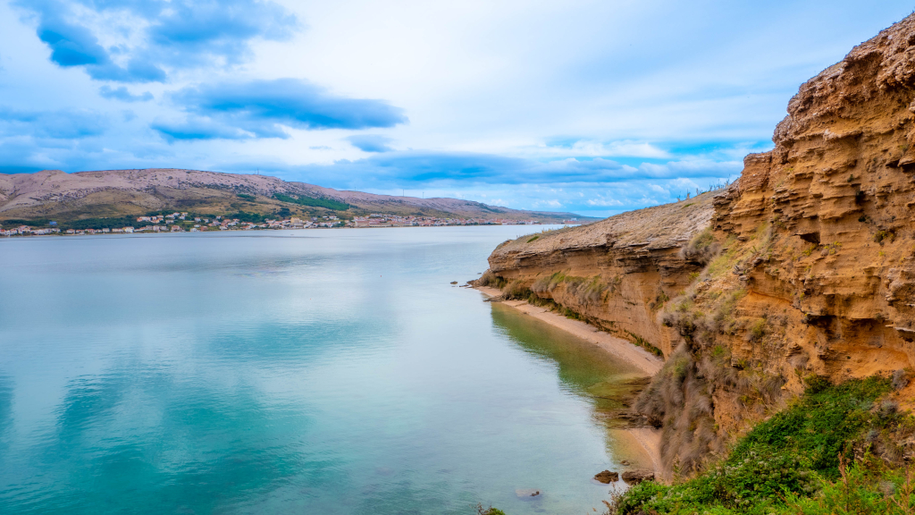 Pag Island aerial view with Mediterranean coastline and architecture