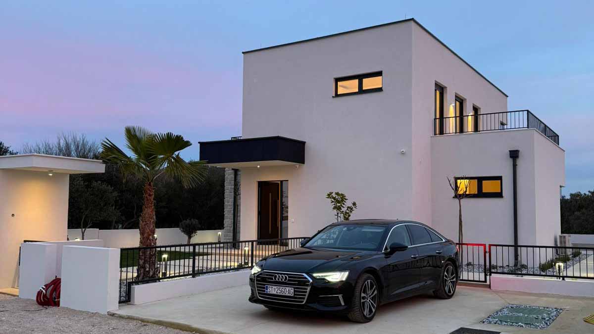 Luxury villa with private parking and landscaped garden in Zadar area Croatia, modern architecture near the Adriatic Sea with pool and sea view