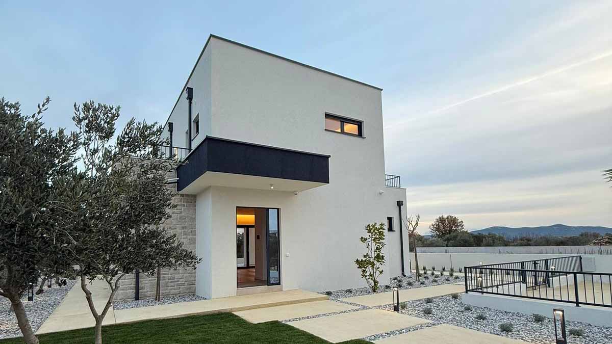 Luxury contemporary villa in Zadar area Croatia with landscaped garden and modern architecture near the Adriatic Sea