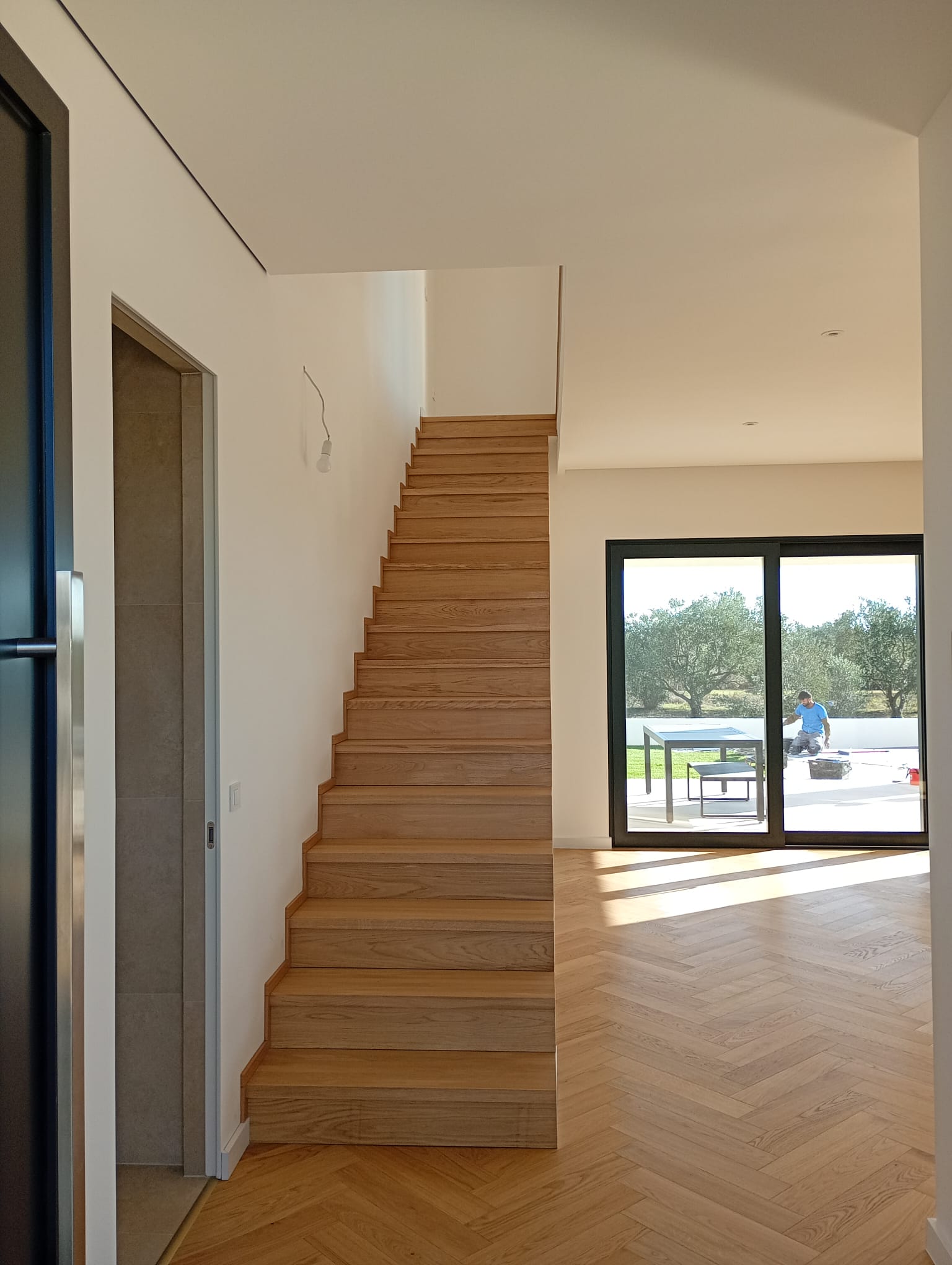 Contemporary wooden staircase in modern luxury villa interior in Zadar Croatia near the Adriatic Sea